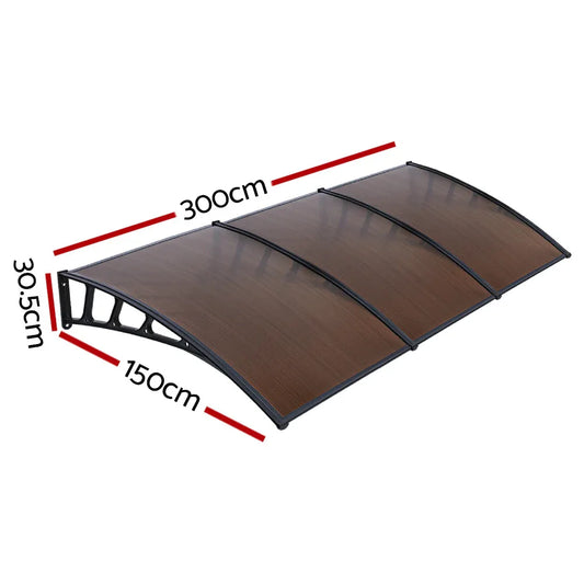 Instahut Window Door Awning Canopy 1.5mx3m Brown Sheet Black Plastic Frame - Mekamart Australia