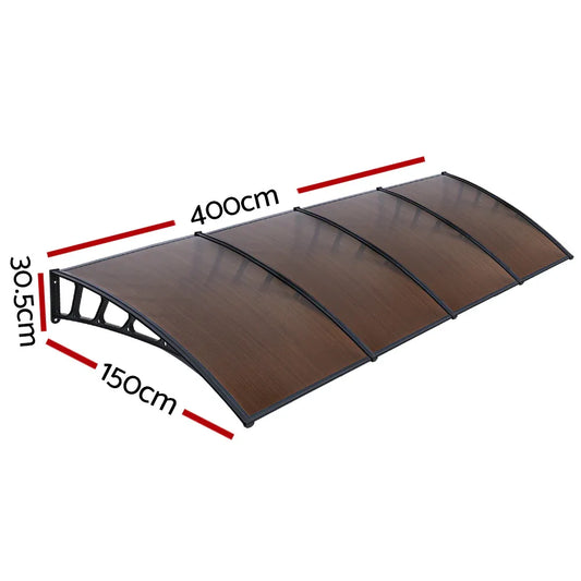 Instahut Window Door Awning Canopy 1.5mx4m Brown Sheet Black Plastic Frame - Mekamart Australia
