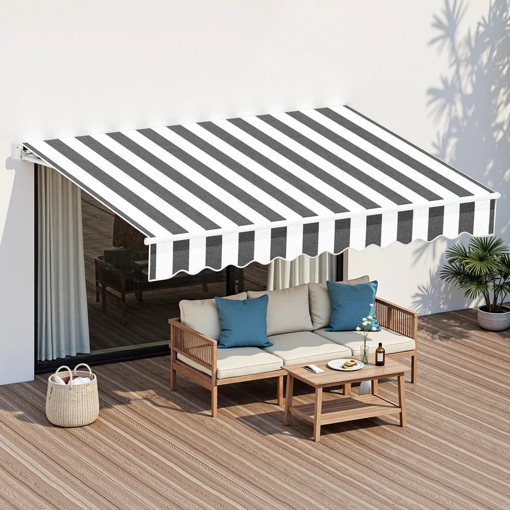 Instahut Retractable Folding Arm Awning Manual Sunshade 2.5Mx2M Grey White - Mekamart Australia