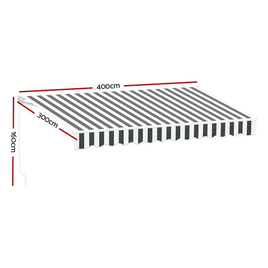 Instahut Retractable Folding Arm Awning Manual Sunshade 4Mx3M Grey White - Mekamart Australia