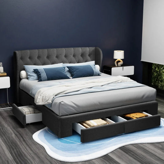 Artiss Bed Frame King Size with 4 Drawers Charcoal MILA - Mekamart Australia