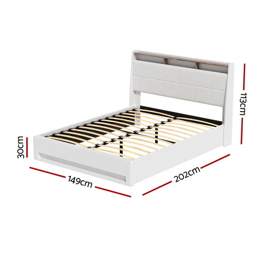 Artiss Bed Frame Gas Lift LED Beds Base Platform White PVC Leather Storage Headboard - Double - Mekamart Australia