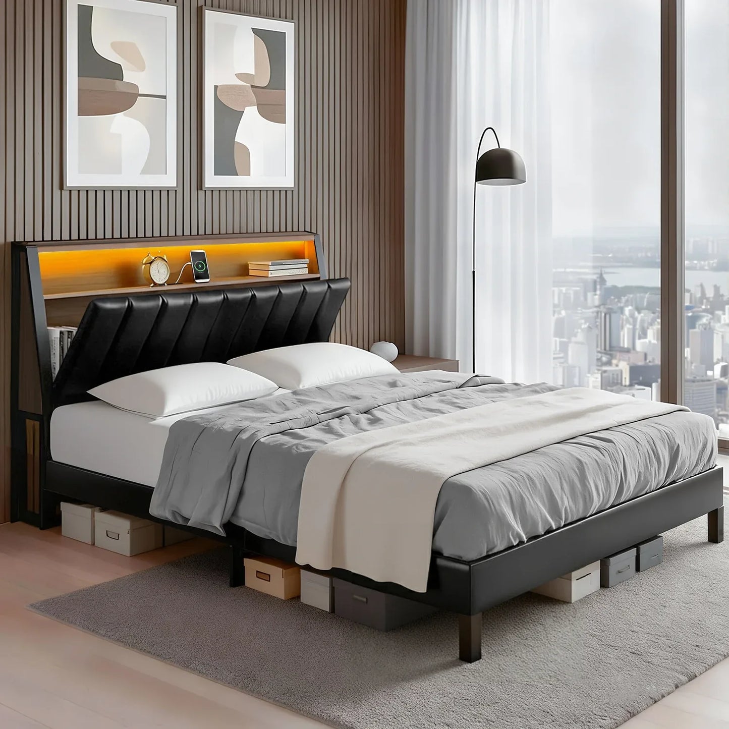 Artiss Double Bed Frame LED Storage Headboard with Charging Station Black - Mekamart Australia