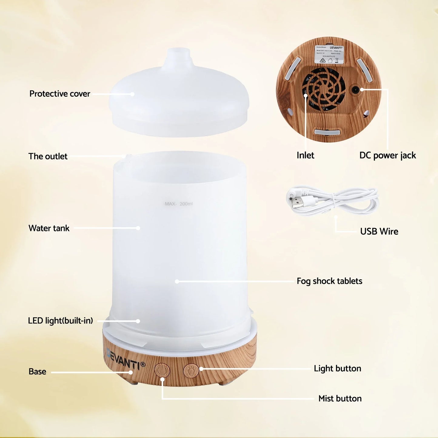 Devanti Ultrasonic Aroma Diffuser Aromatherapy 200ml LED Lights Iron Humidifier Forest - Mekamart Australia