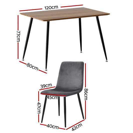 1 Artiss Dining Table and 4 Chairs Set Grey Velvet - Mekamart Australia