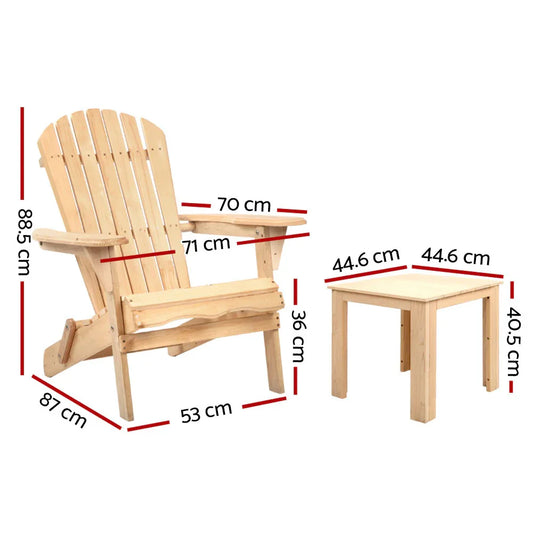 Gardeon 3PC Adirondack Outdoor Table and Chairs Wooden Foldable Beach Chair Natural - Mekamart Australia