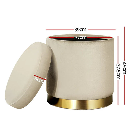 Artiss Ottoman Storage Foot Stool Round Velvet Cream - Mekamart Australia