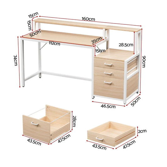 Artiss Computer Desk Home Office Study Table Desks w/Drawers Open Shelf Oak 160CM - Mekamart Australia