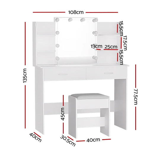 Artiss Dressing Table Set Stool 10 Led Bulbs White Dulcea - Mekamart Australia