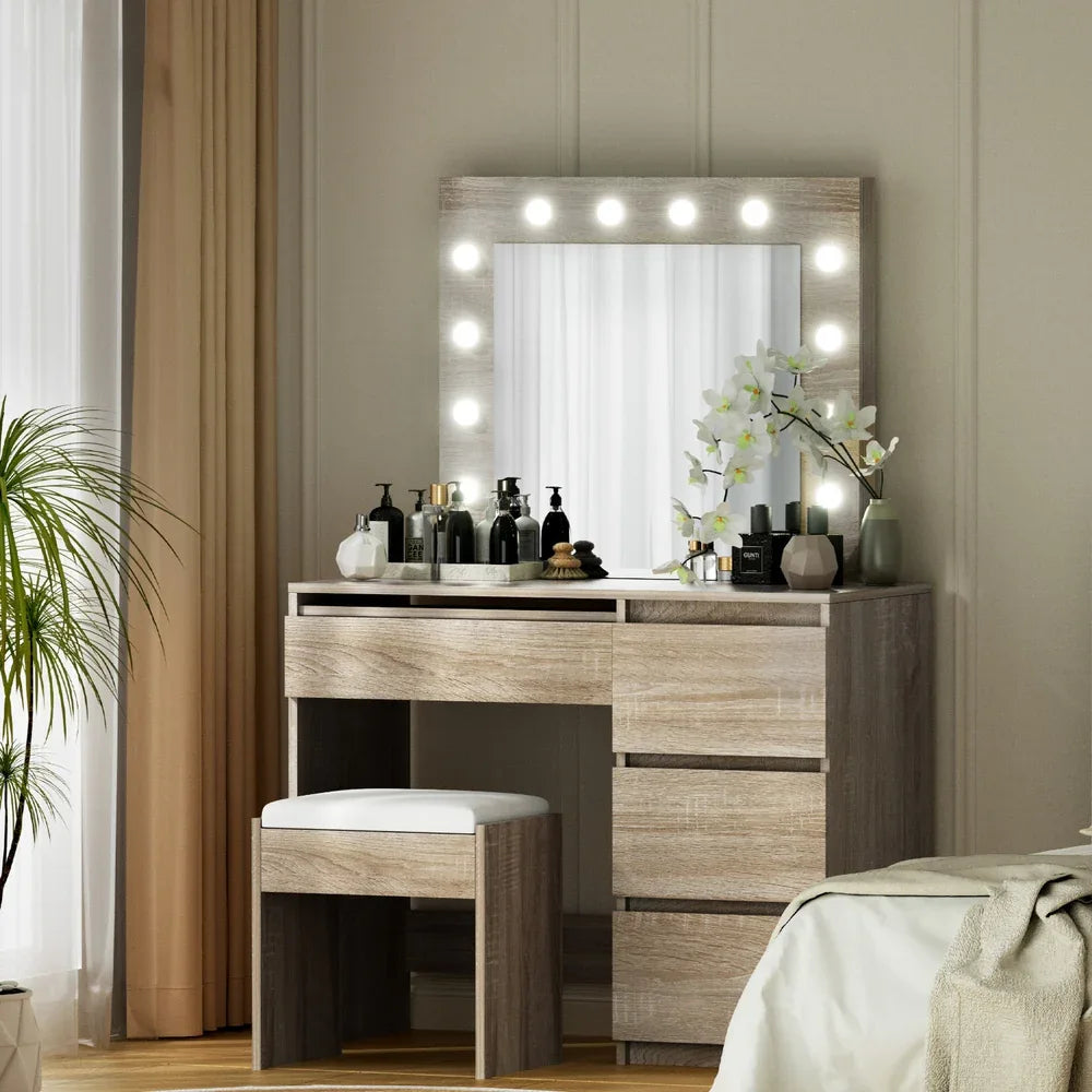 Artiss Dressing Table Set Stool 12 Led Bulbs Wood - Mekamart Australia