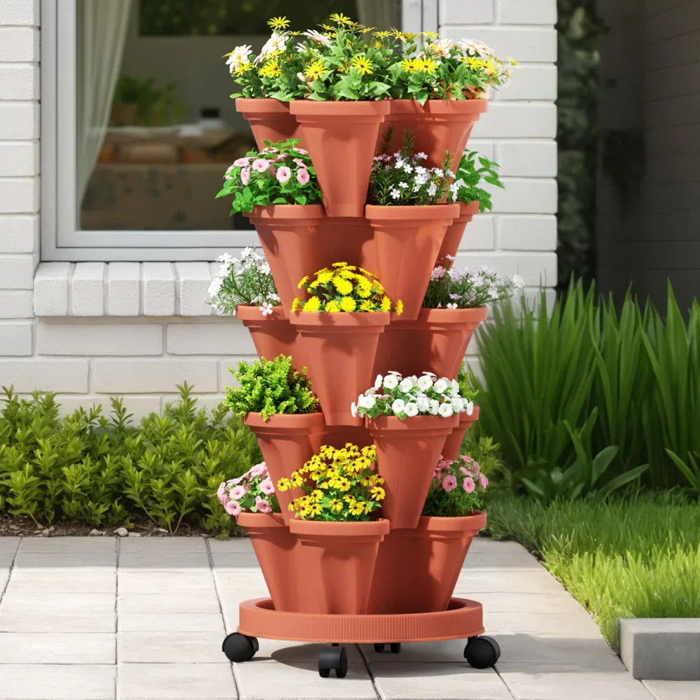 Green Fingers Raised Garden Bed 5 Tier Vertical Garden Brick Red Strawberry Stackable Planters Herbs Petunias - Mekamart Australia