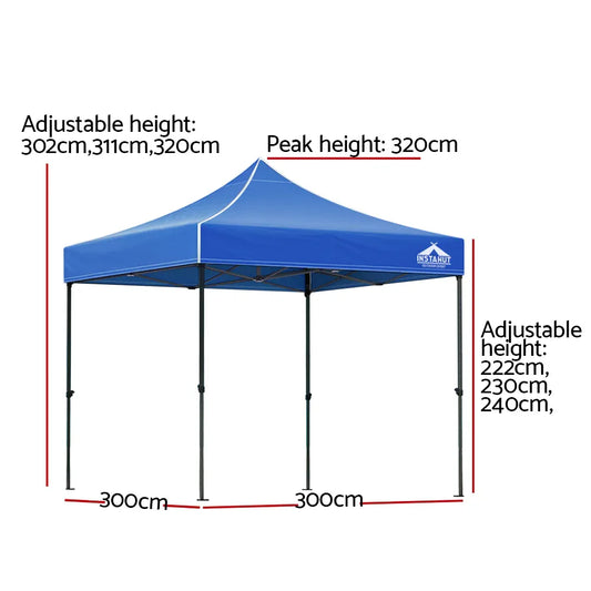 Instahut Gazebo Pop Up 3x3m w/Base Podx4 Marquee Folding Outdoor Wedding Camping Tent Shade Canopy Blue - Mekamart Australia