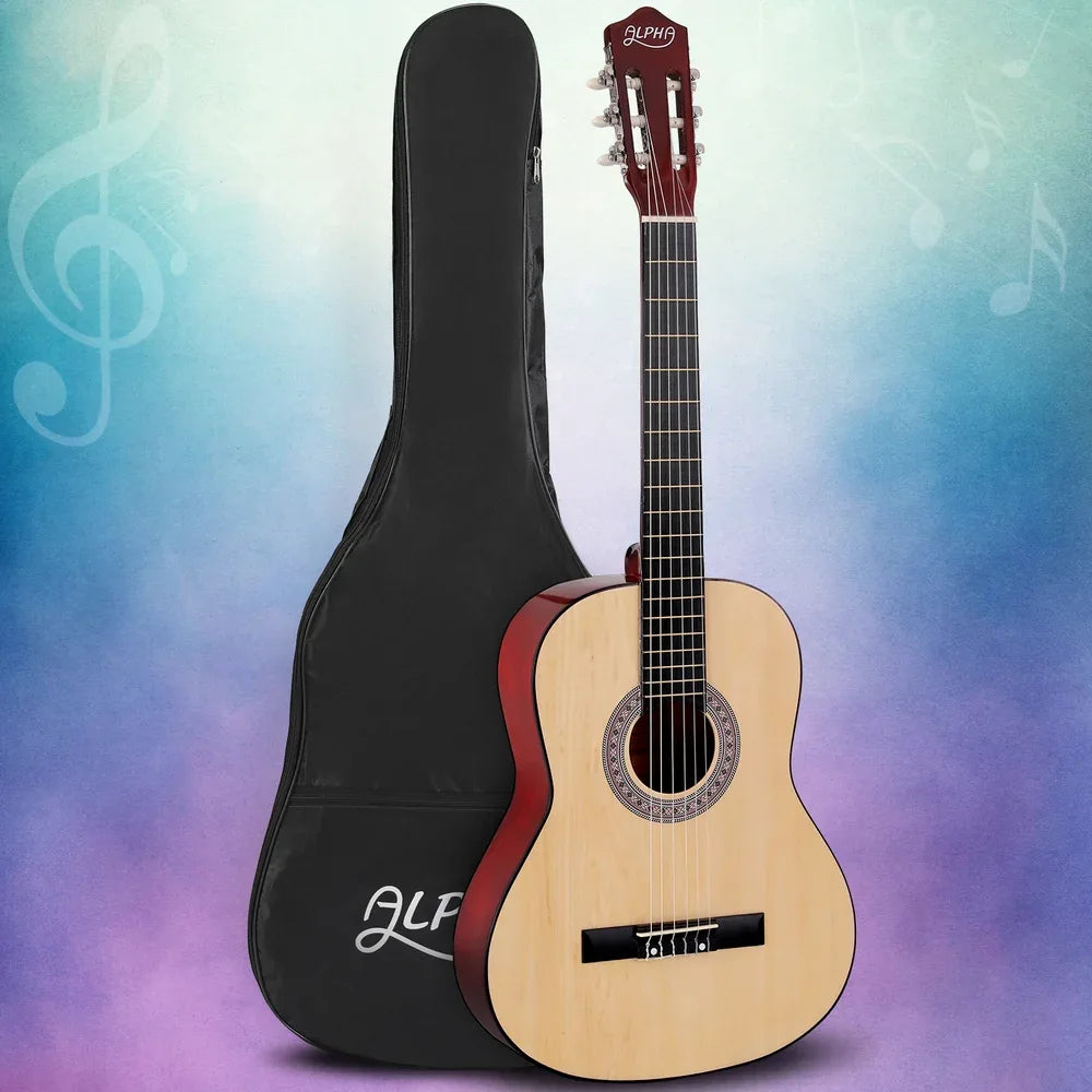 Alpha 39 Inch Classical Guitar Wooden Body Nylon String Beginner Gift Natural - Mekamart Australia