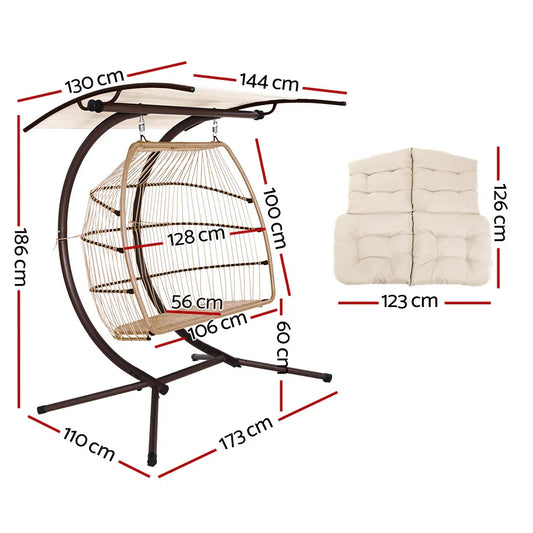 Gardeon Outdoor Egg Swing Chair Wicker Furniture Pod Stand Canopy 2 Seater Latte - Mekamart Australia
