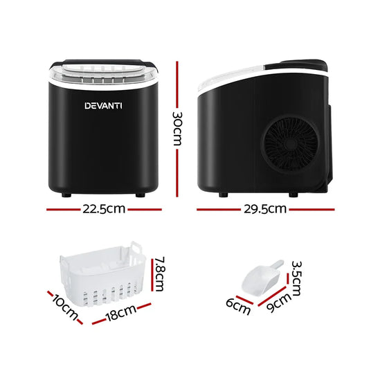 Devanti Portable Ice Maker Machine Ice Cube Tray 12kg Bar Countertop Black - Mekamart Australia