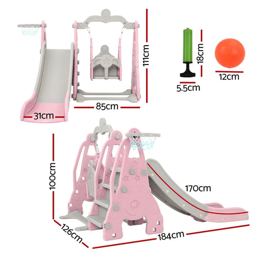 Keezi Kids Slide Swing Set Basketball Hoop Outdoor Playground Toys 170cm Pink - Mekamart Australia