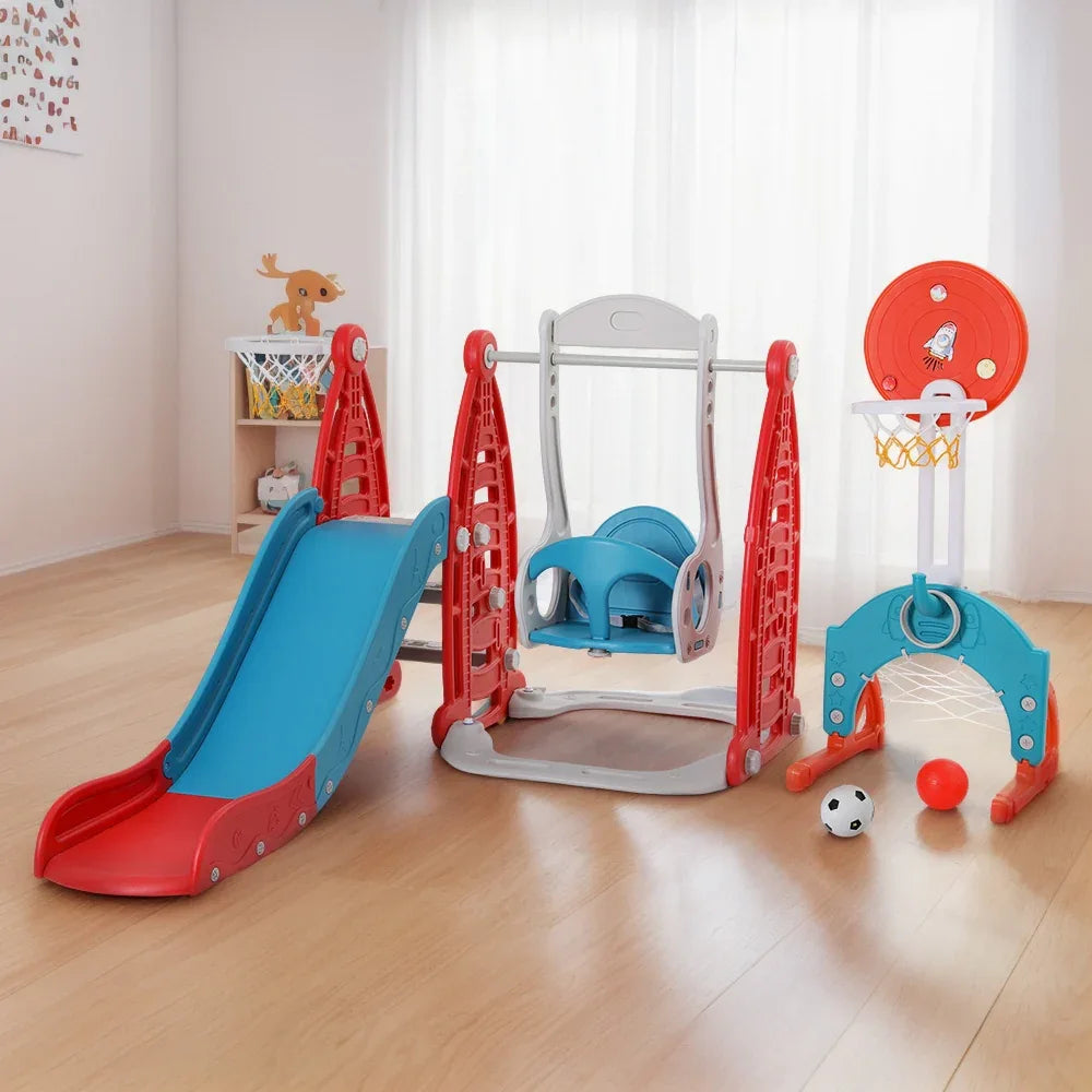 Keezi Kids Slide Swing Set Basketball Hoop Rings Football Outdoor Toys 140cm Red - Mekamart Australia