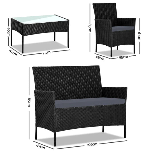 Gardeon 4 Seater Outdoor Sofa Set Wicker Setting Table Chair Furniture Black - Mekamart Australia
