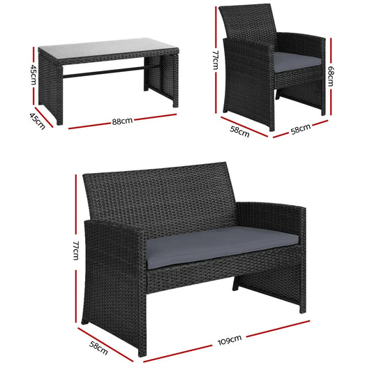 Gardeon 4 PCS Outdoor Sofa Set Rattan Chair Table Setting Garden Furniture Black - Mekamart Australia