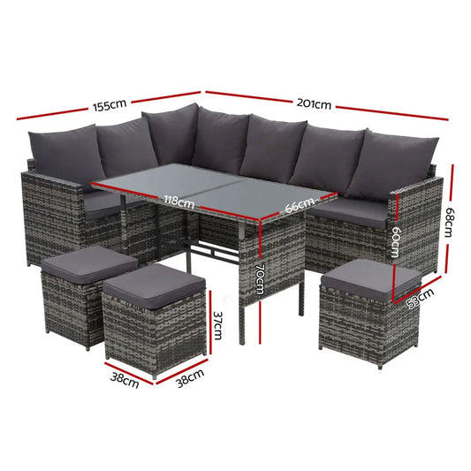 Gardeon Outdoor Dining Set Sofa Lounge Setting Chairs Table Ottoman Grey Cover - Mekamart Australia