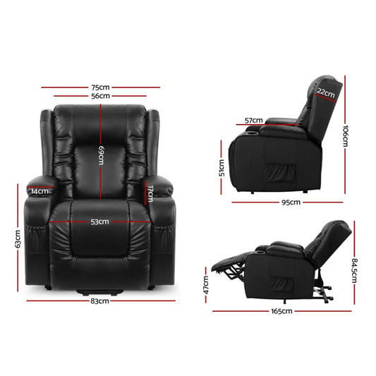 Artiss Recliner Chair Lift Assist Heated Massage Chair Leather Rukwa - Mekamart Australia