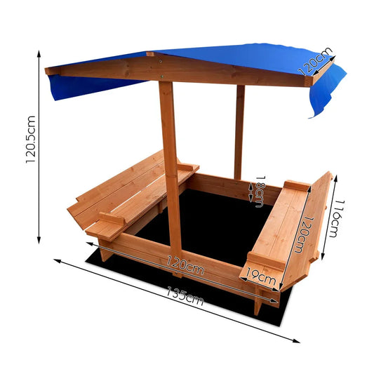 Keezi Kids Sandpit Wooden Sandbox Sand Pit with Canopy Foldable Seat Toys 120cm - Mekamart Australia