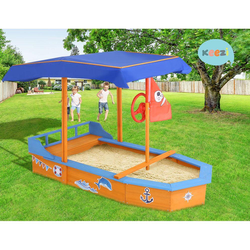 Keezi Kids Sandpit Wooden Boat Sand Pit with Canopy Bench Seat Beach Toys 150cm - Mekamart Australia