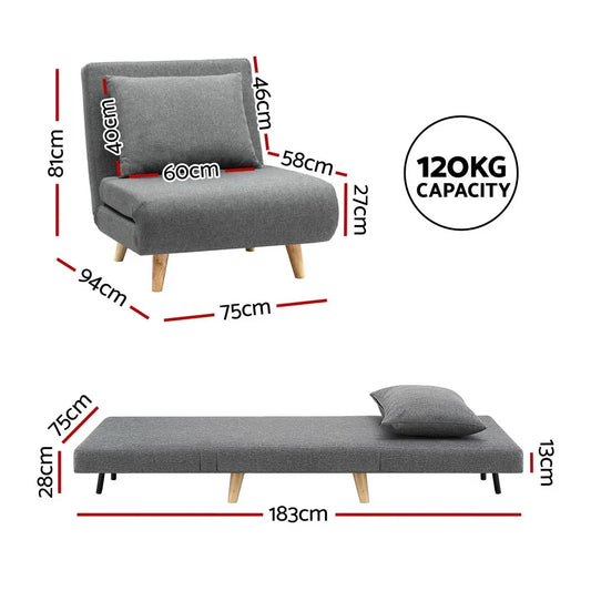 Artiss Sofa Bed Convertible Couch Recliner Lounge Chair Linen Grey - Mekamart Australia