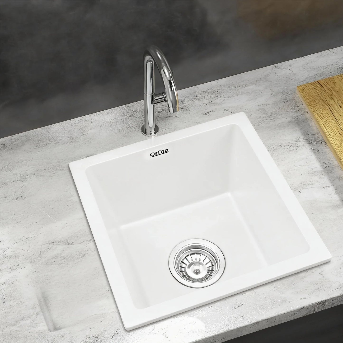 Cefito Kitchen Sink 38x38cm Granite Stone Sink Single Bowl White - Mekamart Australia