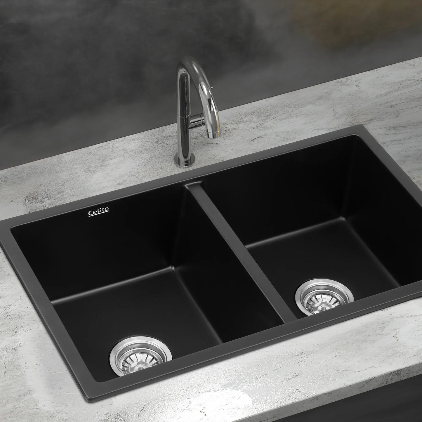 Cefito Kitchen Sink 77x45cm Granite Stone Sink Double Bowl Black - Mekamart Australia