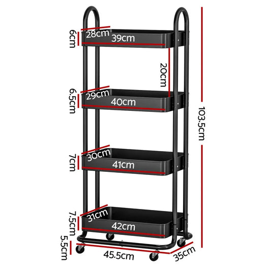 Artiss Storage Trolley Kitchen Cart 4 Tiers Black - Mekamart Australia