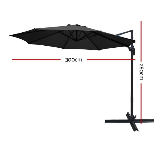 Instahut 3m Outdoor Umbrella Cantilever 360 Degree Tilt Beach Roma Black - Mekamart Australia