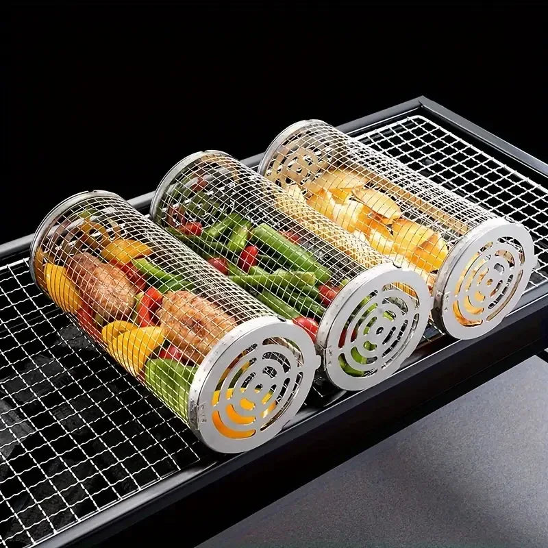 2-Pack Stainless Steel Rotating Grill Baskets with Removable Wooden Handle – Durable 304 Mesh for Veggies, Prawns & More – Perfect for BBQ, Camping & Outdoor Cooking, Great Gift for Dad or Husband - Mekamart Australia