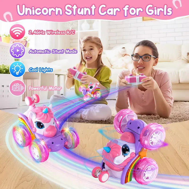Unicorn remote control car for girls, 360° rotating four-wheel drive stunt remote control car with cute lights, rechargeable toy - children's birthday gift - Mekamart Australia