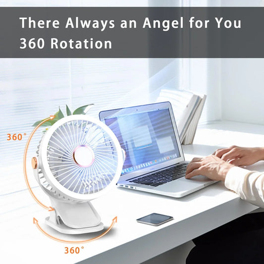 Mini Clip-on Fan with LED Light β USB Rechargeable, 360Β° Rotatable, 5-Speed Cooling for Desk, Bed, Camping & Travel (White) - Mekamart Australia
