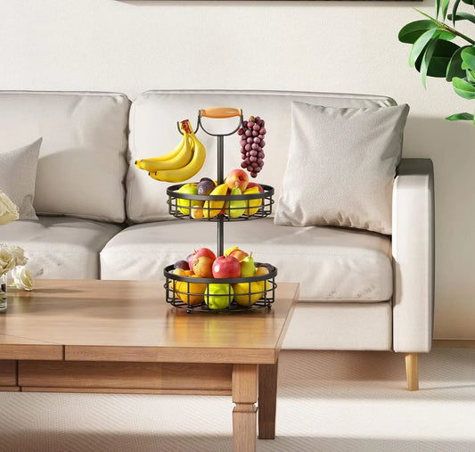 2-Tier Fruit Basket Bowl Storage with Wood Lift Handle and Dual Banana Tree Hanger for Kitchen Countertop - Mekamart Australia