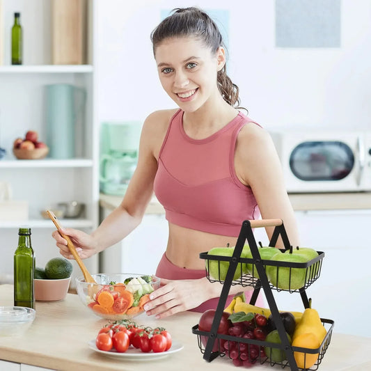 CARLA HOME 2-Tier Fruit Basket Stand for Kitchen Countertop for Fruits, Vegetables, Bread & Snacks with Wooden Handle - Mekamart Australia