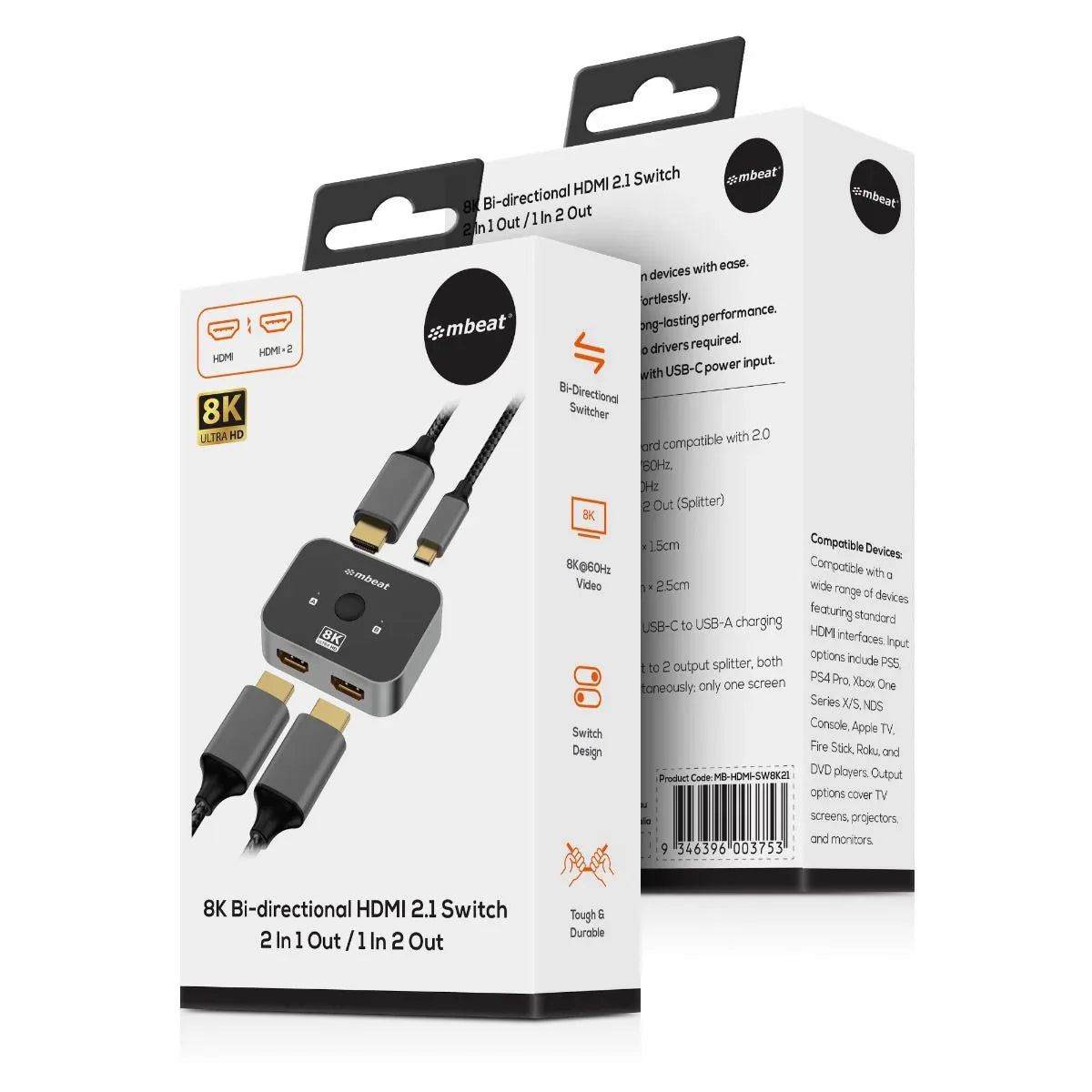mbeat 8K Bi-directional HDMI 2.1 Switch 2 In 1 Out/1 In 2 Out - Mekamart Australia