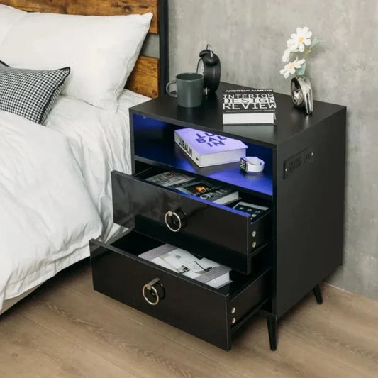 Amelia Modern LED Bedside table with USB and power socket black x 2 - Mekamart Australia