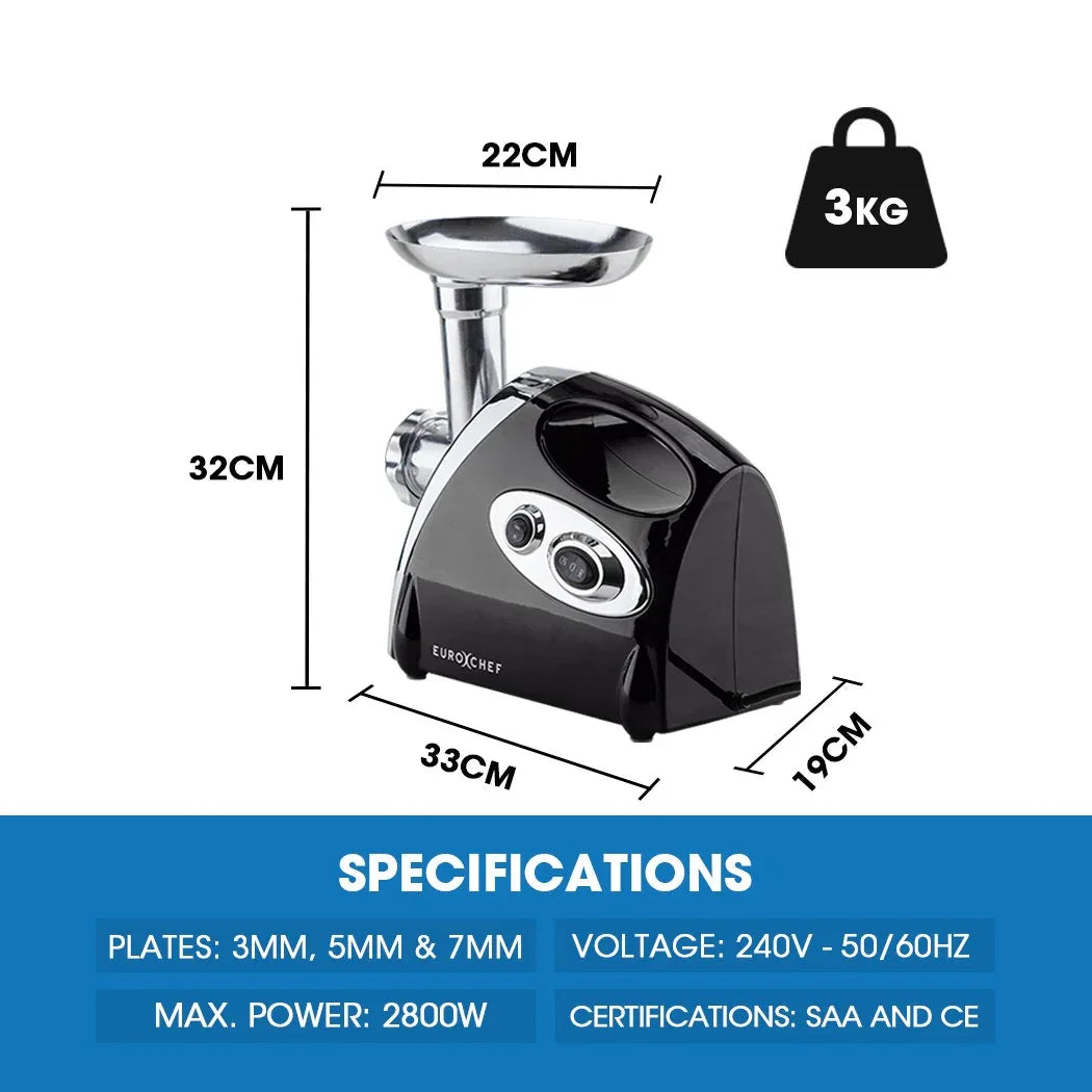 EUROCHEF Electric Meat Grinder, Stainless Steel Mincer Sausage Filler Kibbe Maker, Black - Mekamart Australia