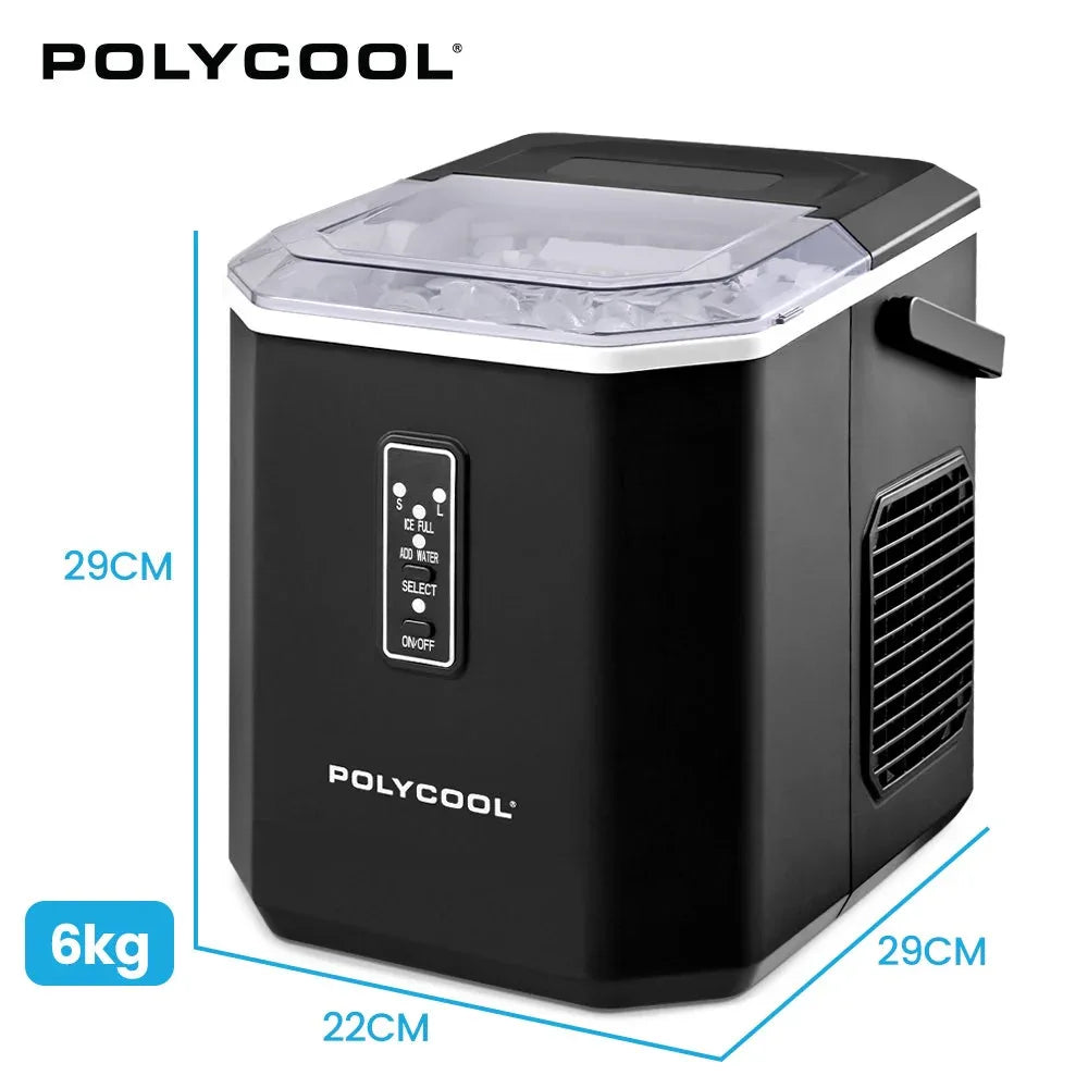 POLYCOOL Portable Ice Maker Machine, Automatic, 12kg/day, Auto Clean, with Scoop and Removable Basket, Black - Mekamart Australia