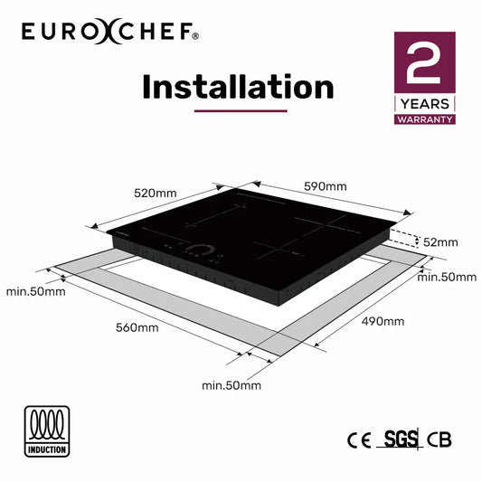 EUROCHEF 60cm 4 Zone Induction Cooktop, 7200W Electric, FlexZone Function, Touch Controls - Mekamart Australia