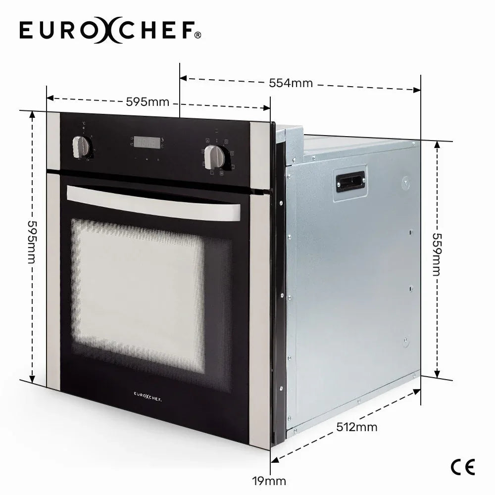 EuroChef 60cm Stainless Built-in 70L Grill 8 Function Fan Forced Electric Wall Oven - Mekamart Australia