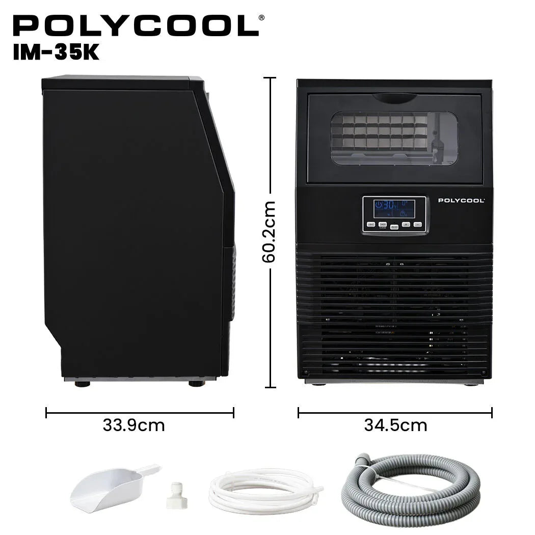 POLYCOOL Commercial Ice Maker Machine, up to 35kg/24hr, Timer & Self Cleaning Programs - Mekamart Australia
