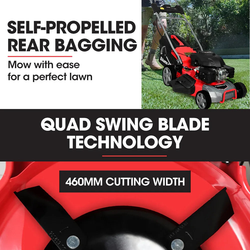 BAUMR-AG 18" 224cc Electric Start Self Propelled Lawn Mower, 7 Height, Steel Deck, 6HP, 4-Stroke Petrol Lawnmower - 790SXe - Mekamart Australia