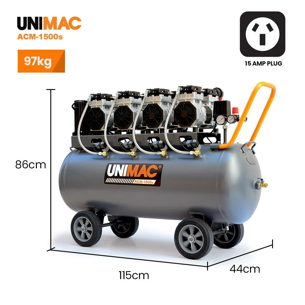 Unimac 150L 4.5HP Ultra-Slient Oil-Free Electric Air Compressor, Long Life Quad Motor, 116PSI Portable Heavy Duty, Twin Nitto Outlets, 15A Plug - Mekamart Australia