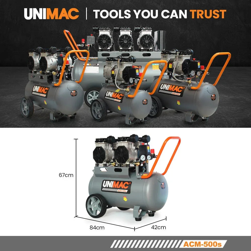 UNIMAC 50L 3.0HP Silent Oil-Free Electric Air Compressor, Portable, Twin Nitto Outlets - Mekamart Australia