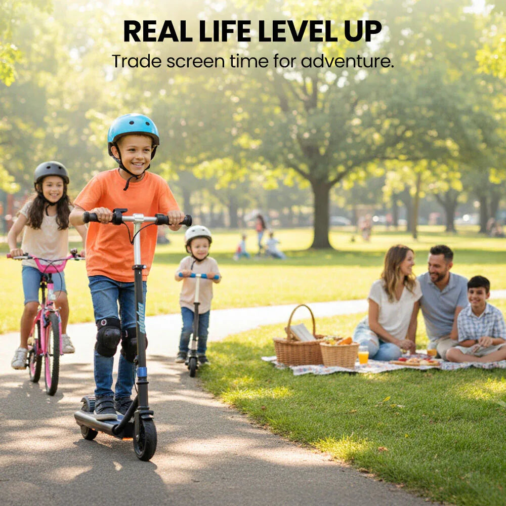 ALPHA Edge Electric Scooter Kids/Teens, 16km/h Max, Adjustable Height, UL Certified, AU Compliant, Dual Brakes, Bluetooth Music, LED, Blue - Mekamart Australia