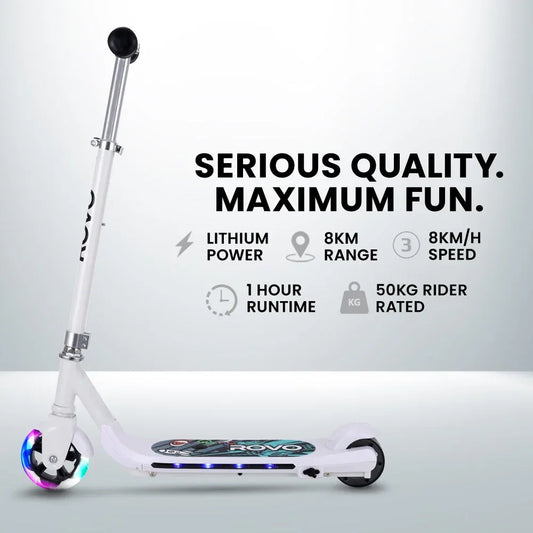 ROVO KIDS WhizKid Electric Scooter, Ages 5-11, Adjustable Height, AU Compliant, Lithium Battery, Brushless Motor, White - Mekamart Australia