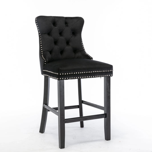 2X Velvet Bar Stools with Studs Trim Wooden Legs Tufted Dining Chairs Kitchen - Mekamart Australia